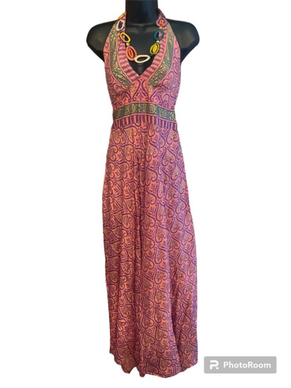 India Boutique Silky Tie-Back Maxi Dress Pink Ethnic Print - NWT